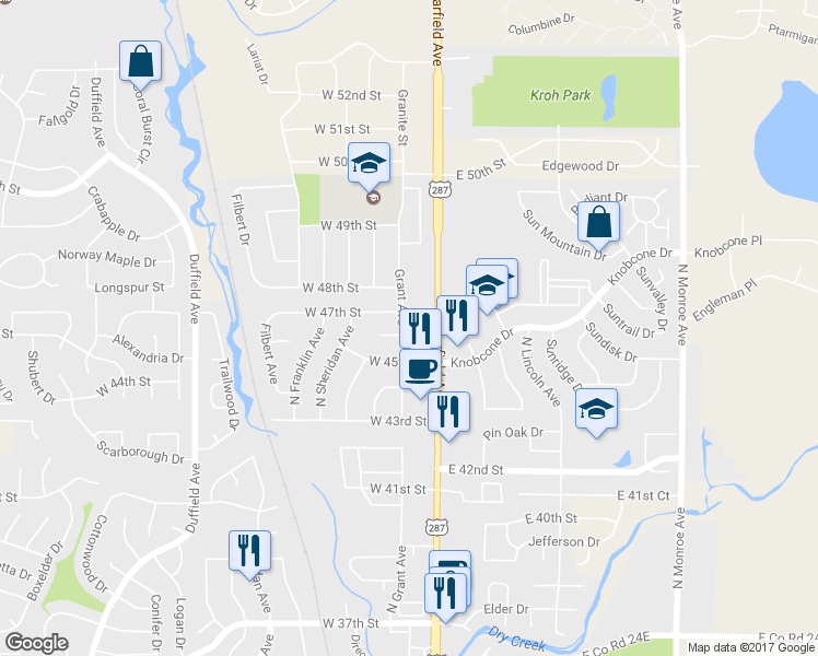 map of restaurants, bars, coffee shops, grocery stores, and more near 103 West 47th Place in Loveland