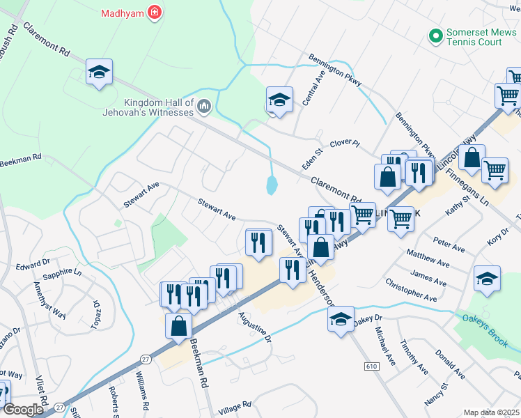 map of restaurants, bars, coffee shops, grocery stores, and more near 73 Claremont Road in Franklin Township