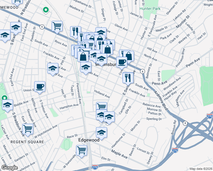 map of restaurants, bars, coffee shops, grocery stores, and more near 818 Franklin Avenue in Pittsburgh