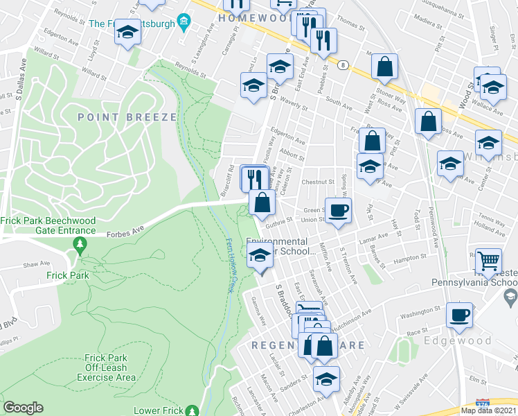 map of restaurants, bars, coffee shops, grocery stores, and more near 570 South Braddock Avenue in Pittsburgh