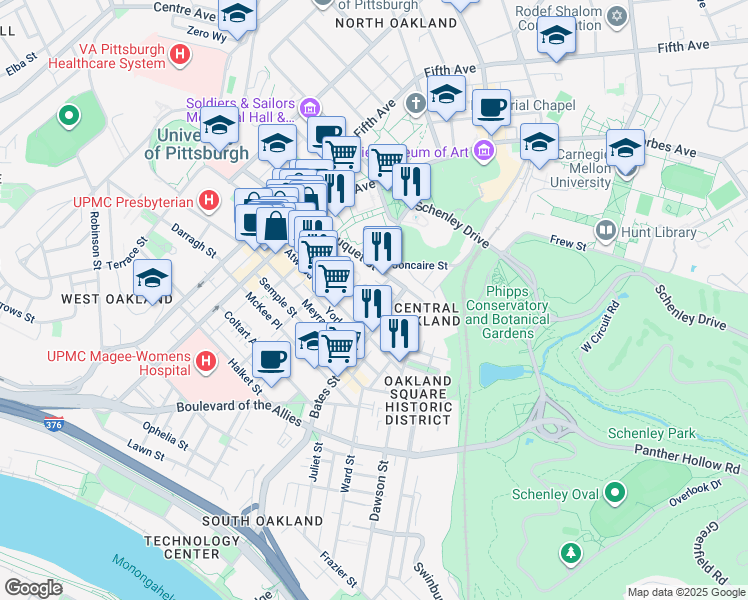 map of restaurants, bars, coffee shops, grocery stores, and more near 341 South Bouquet Street in Pittsburgh