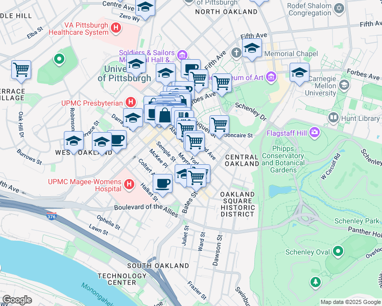 map of restaurants, bars, coffee shops, grocery stores, and more near 253 Atwood Street in Pittsburgh