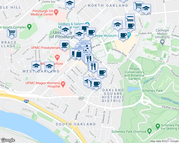 map of restaurants, bars, coffee shops, grocery stores, and more near 253 Atwood Street in Pittsburgh