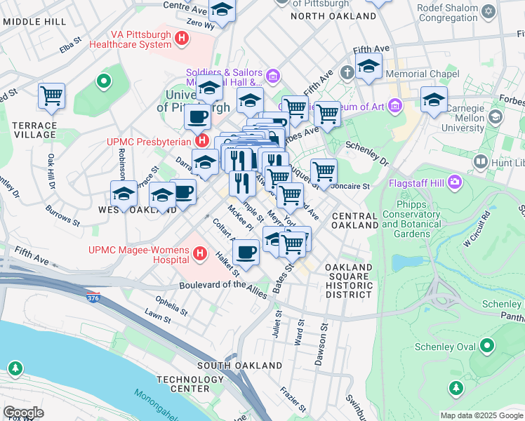 map of restaurants, bars, coffee shops, grocery stores, and more near 220 Meyran Avenue in Pittsburgh