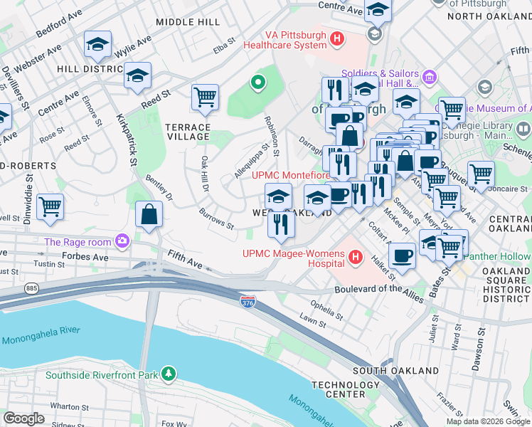 map of restaurants, bars, coffee shops, grocery stores, and more near 3124 Terrace Street in Pittsburgh