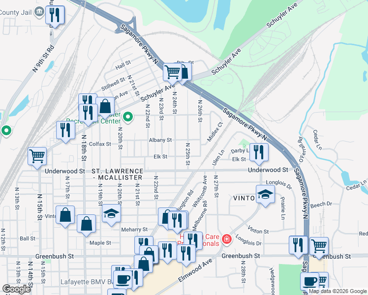 map of restaurants, bars, coffee shops, grocery stores, and more near 2303 North 24th Street in Lafayette