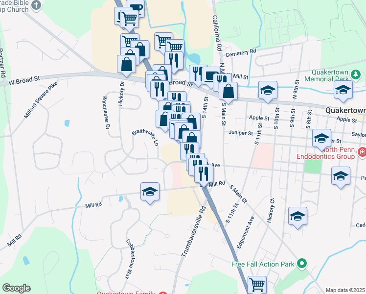 map of restaurants, bars, coffee shops, grocery stores, and more near 143 South West End Boulevard in Quakertown