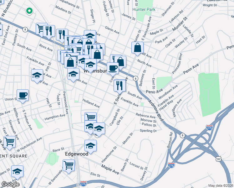 map of restaurants, bars, coffee shops, grocery stores, and more near 1015 South Avenue in Pittsburgh