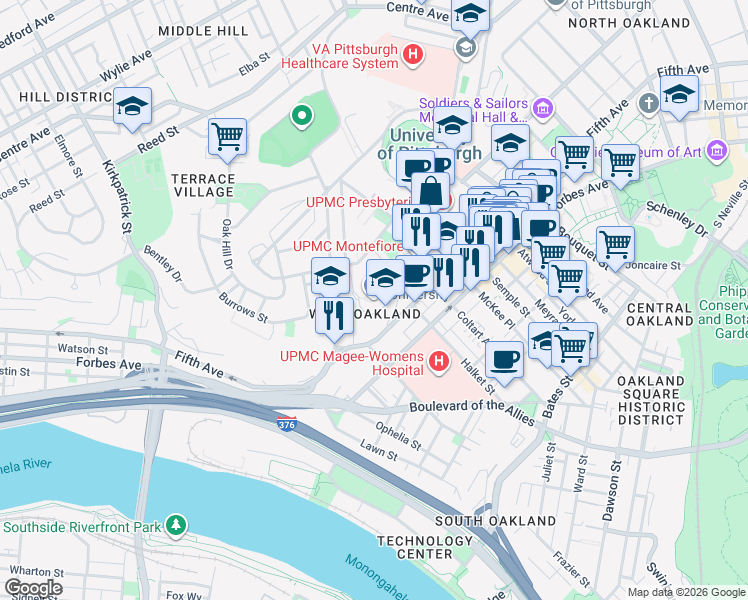 map of restaurants, bars, coffee shops, grocery stores, and more near 3333 Fifth Avenue in Pittsburgh