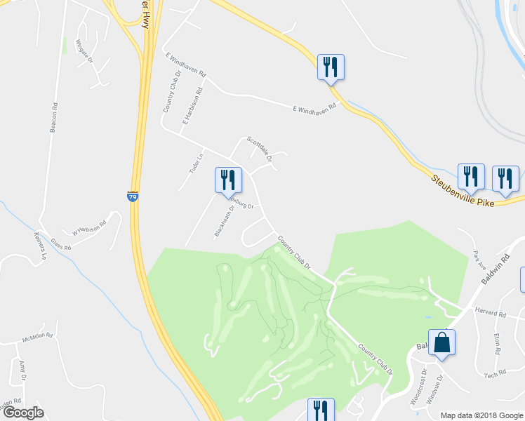 map of restaurants, bars, coffee shops, grocery stores, and more near 1602 Country Club Drive in Pittsburgh
