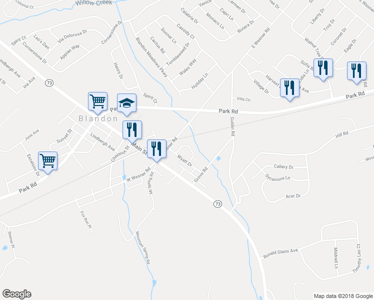 map of restaurants, bars, coffee shops, grocery stores, and more near 309 White Birch Lane in Blandon