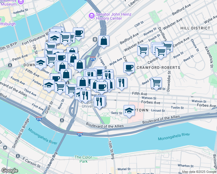 map of restaurants, bars, coffee shops, grocery stores, and more near 1001 Fifth Avenue in Pittsburgh