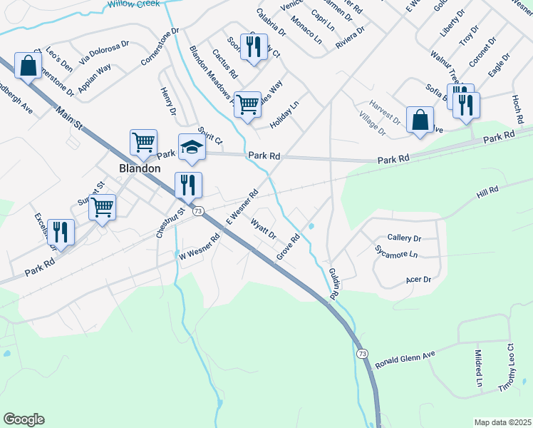 map of restaurants, bars, coffee shops, grocery stores, and more near 309 White Birch Lane in Blandon