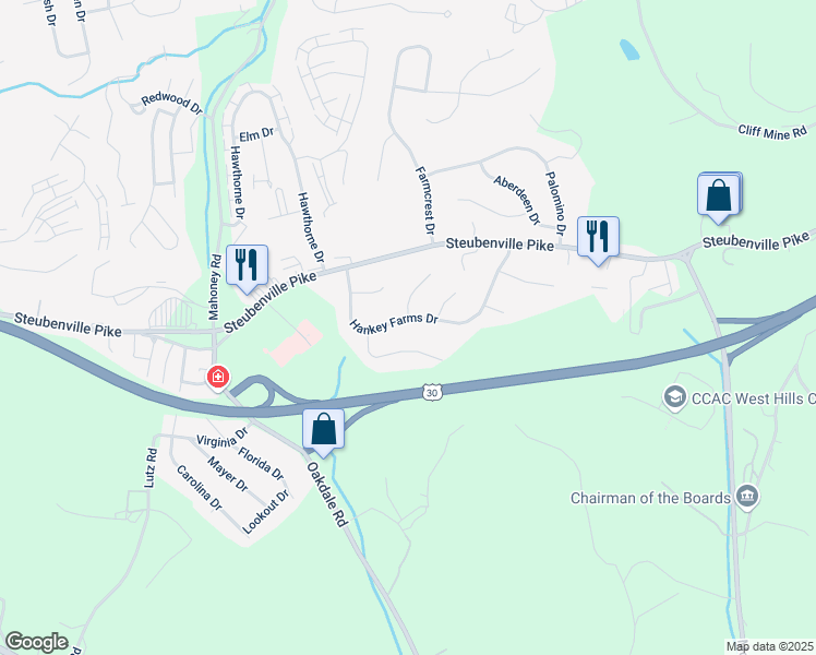 map of restaurants, bars, coffee shops, grocery stores, and more near 410 Hankey Farms Drive in Oakdale