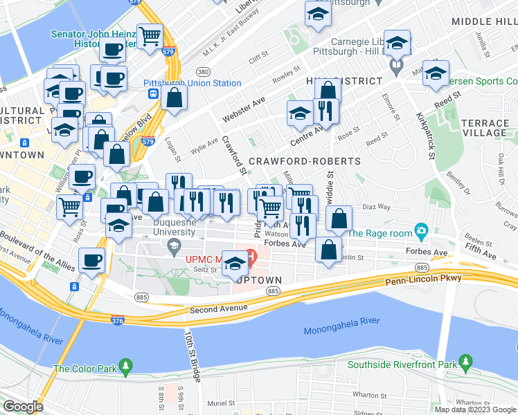 map of restaurants, bars, coffee shops, grocery stores, and more near Pride Street & Colwell Street in Pittsburgh