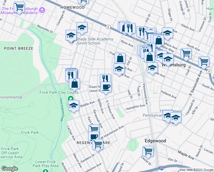 map of restaurants, bars, coffee shops, grocery stores, and more near 557 South Trenton Avenue in Pittsburgh