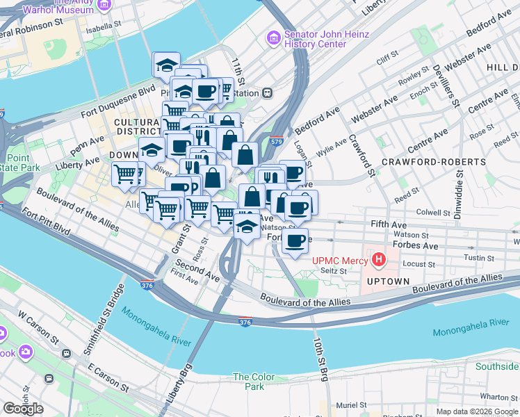 map of restaurants, bars, coffee shops, grocery stores, and more near 1 Bigelow Square in Pittsburgh