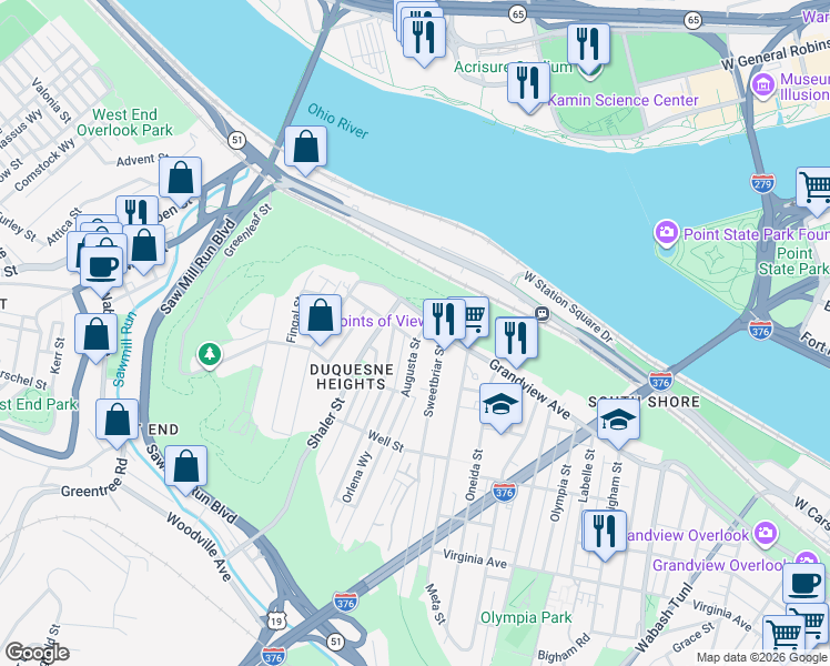 map of restaurants, bars, coffee shops, grocery stores, and more near in Pittsburgh