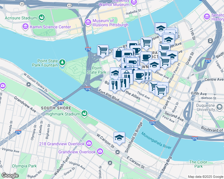 map of restaurants, bars, coffee shops, grocery stores, and more near 60 Boulevard of the Allies in Pittsburgh