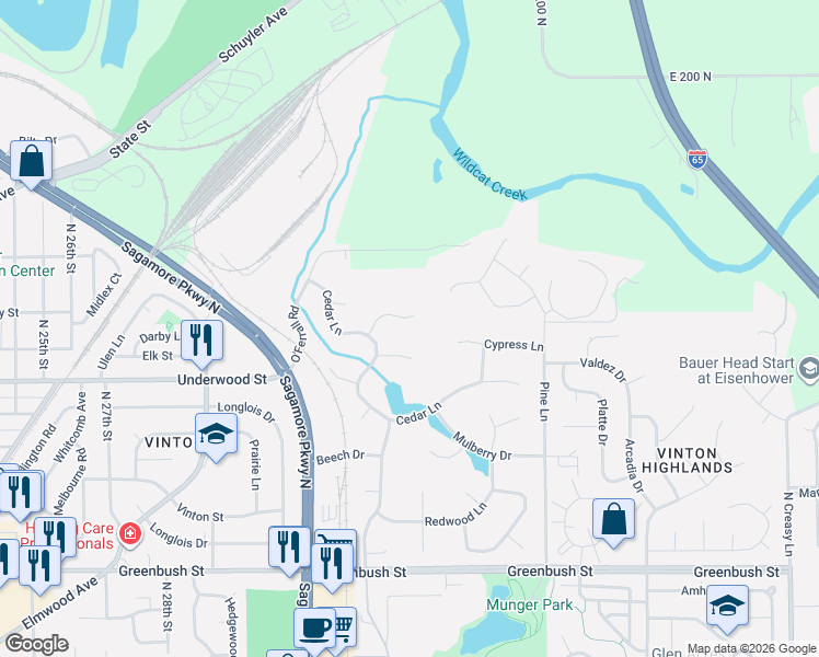 map of restaurants, bars, coffee shops, grocery stores, and more near 62 Peppertree Court in Lafayette