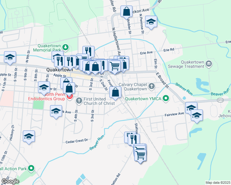 map of restaurants, bars, coffee shops, grocery stores, and more near 104 Front Street in Quakertown