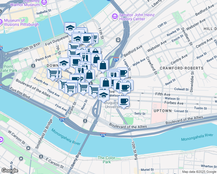 map of restaurants, bars, coffee shops, grocery stores, and more near 112 Washington Place in Pittsburgh