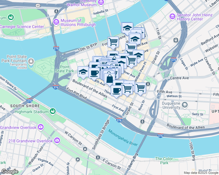 map of restaurants, bars, coffee shops, grocery stores, and more near Fourth Ave & Wood St in Pittsburgh