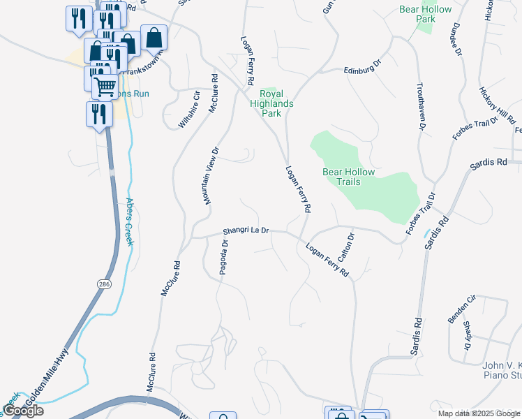 map of restaurants, bars, coffee shops, grocery stores, and more near 104 Himalaya Drive in Monroeville