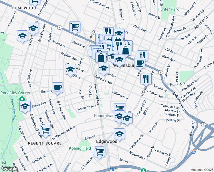 map of restaurants, bars, coffee shops, grocery stores, and more near 524 Jeanette Street in Pittsburgh