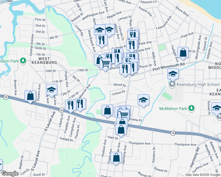 map of restaurants, bars, coffee shops, grocery stores, and more near 62 Wood Street in Keansburg