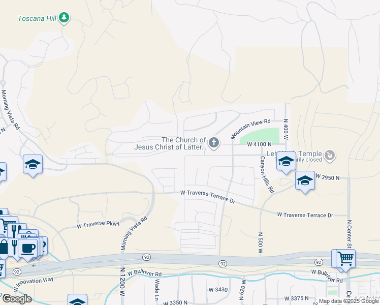 map of restaurants, bars, coffee shops, grocery stores, and more near 874 West 4050 North in Lehi