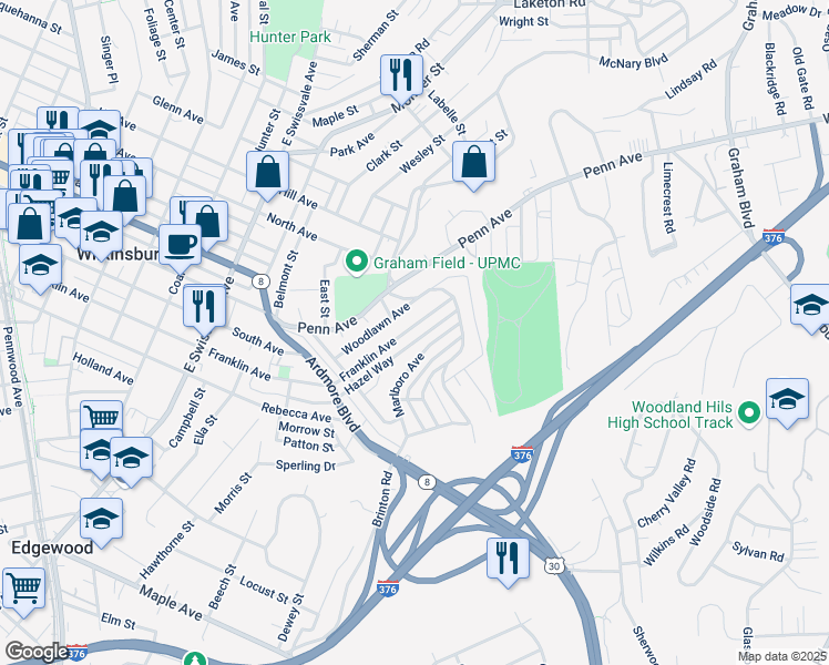 map of restaurants, bars, coffee shops, grocery stores, and more near 1437 Franklin Avenue in Pittsburgh