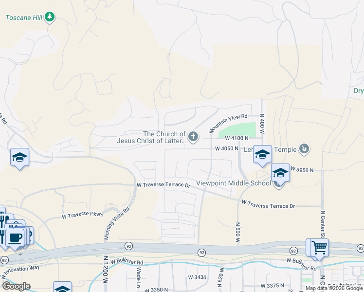 map of restaurants, bars, coffee shops, grocery stores, and more near 838 Spring Dew Lane in Lehi