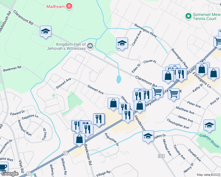 map of restaurants, bars, coffee shops, grocery stores, and more near 73 Claremont Road in Franklin Township