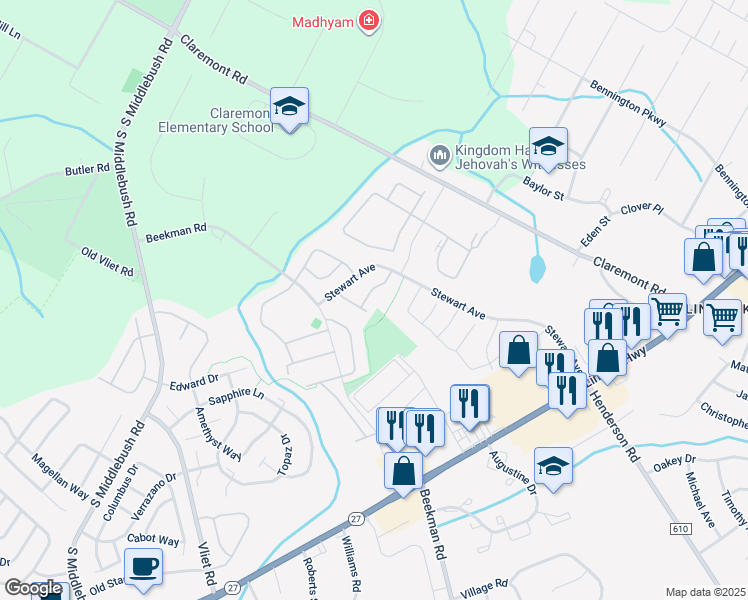 map of restaurants, bars, coffee shops, grocery stores, and more near 2 Amberly Court in Franklin Township