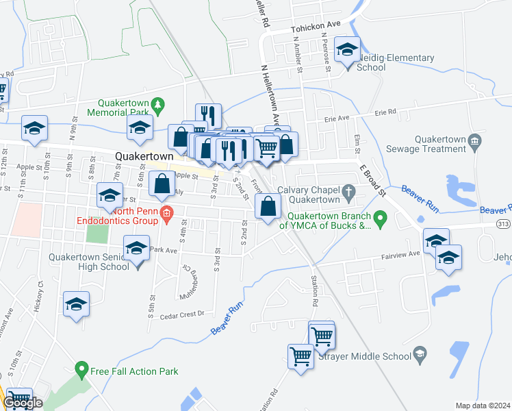 map of restaurants, bars, coffee shops, grocery stores, and more near 28 Front Street in Quakertown