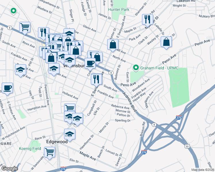 map of restaurants, bars, coffee shops, grocery stores, and more near 1138 Ross Avenue in Pittsburgh
