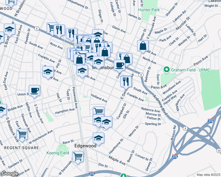 map of restaurants, bars, coffee shops, grocery stores, and more near 925 Franklin Avenue in Pittsburgh