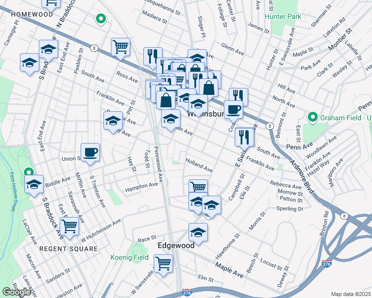 map of restaurants, bars, coffee shops, grocery stores, and more near 753 Rebecca Avenue in Pittsburgh