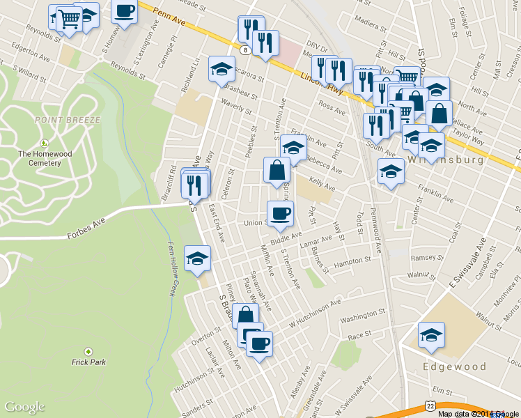map of restaurants, bars, coffee shops, grocery stores, and more near 535 Virgil Way in Pittsburgh