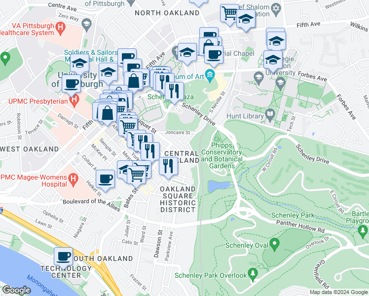 map of restaurants, bars, coffee shops, grocery stores, and more near 418 Yarrow Way in Pittsburgh