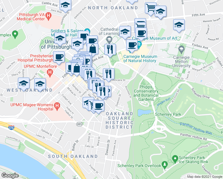 map of restaurants, bars, coffee shops, grocery stores, and more near 341 South Bouquet Street in Pittsburgh