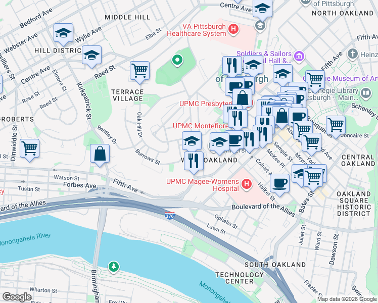 map of restaurants, bars, coffee shops, grocery stores, and more near 3124 Terrace Street in Pittsburgh
