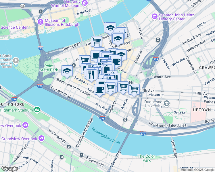 map of restaurants, bars, coffee shops, grocery stores, and more near 342 Fifth Avenue in Pittsburgh