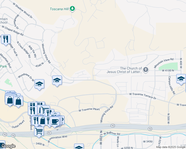 map of restaurants, bars, coffee shops, grocery stores, and more near 4231 North Season View Drive in Lehi