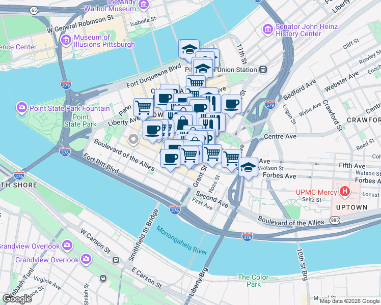 map of restaurants, bars, coffee shops, grocery stores, and more near 355 Fifth Avenue in Pittsburgh