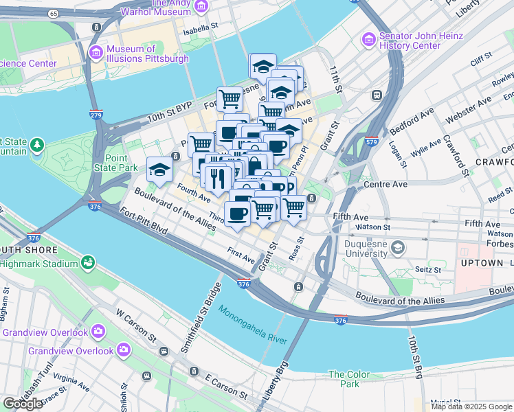 map of restaurants, bars, coffee shops, grocery stores, and more near Smithfield Street in Pittsburgh