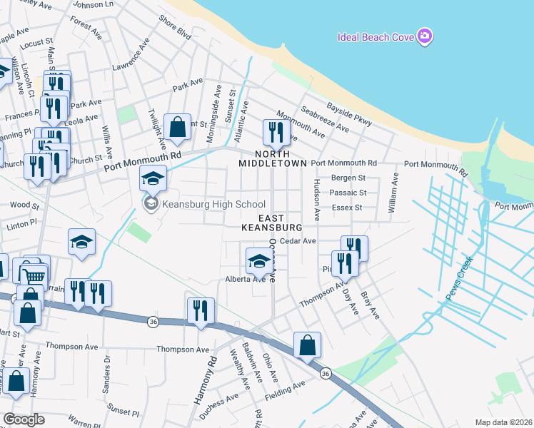 map of restaurants, bars, coffee shops, grocery stores, and more near 124 Ocean Avenue in North Middletown