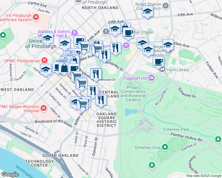 map of restaurants, bars, coffee shops, grocery stores, and more near 418 Yarrow Way in Pittsburgh