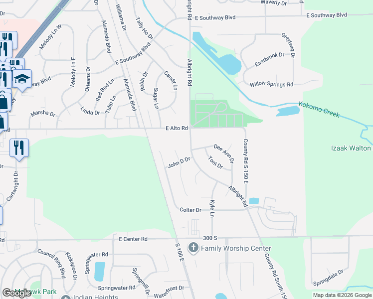 map of restaurants, bars, coffee shops, grocery stores, and more near 4007 Albright Rd in Kokomo